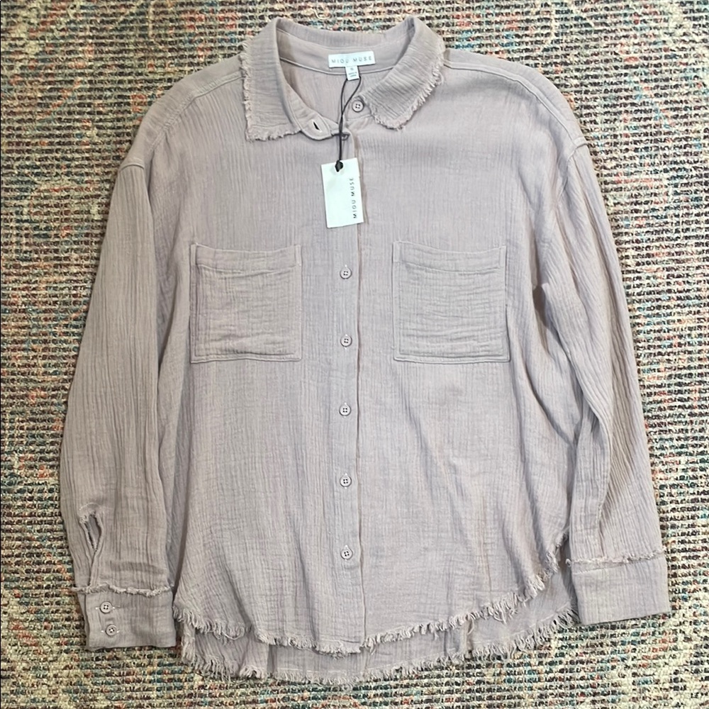MIOU MUSE 100% Cotton Light Purple Frayed Button-Up Shirt